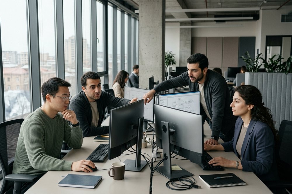 Diverse engineering team at workstations in a modern Yerevan tech office focused on monitors showing generic architecture diagrams.