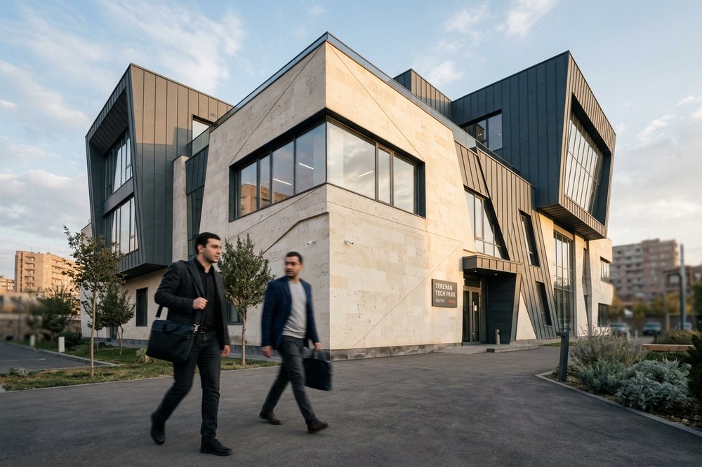 Contemporary Yerevan tech-park building with an angular cream-stone and slate-metal facade in late-afternoon side light.