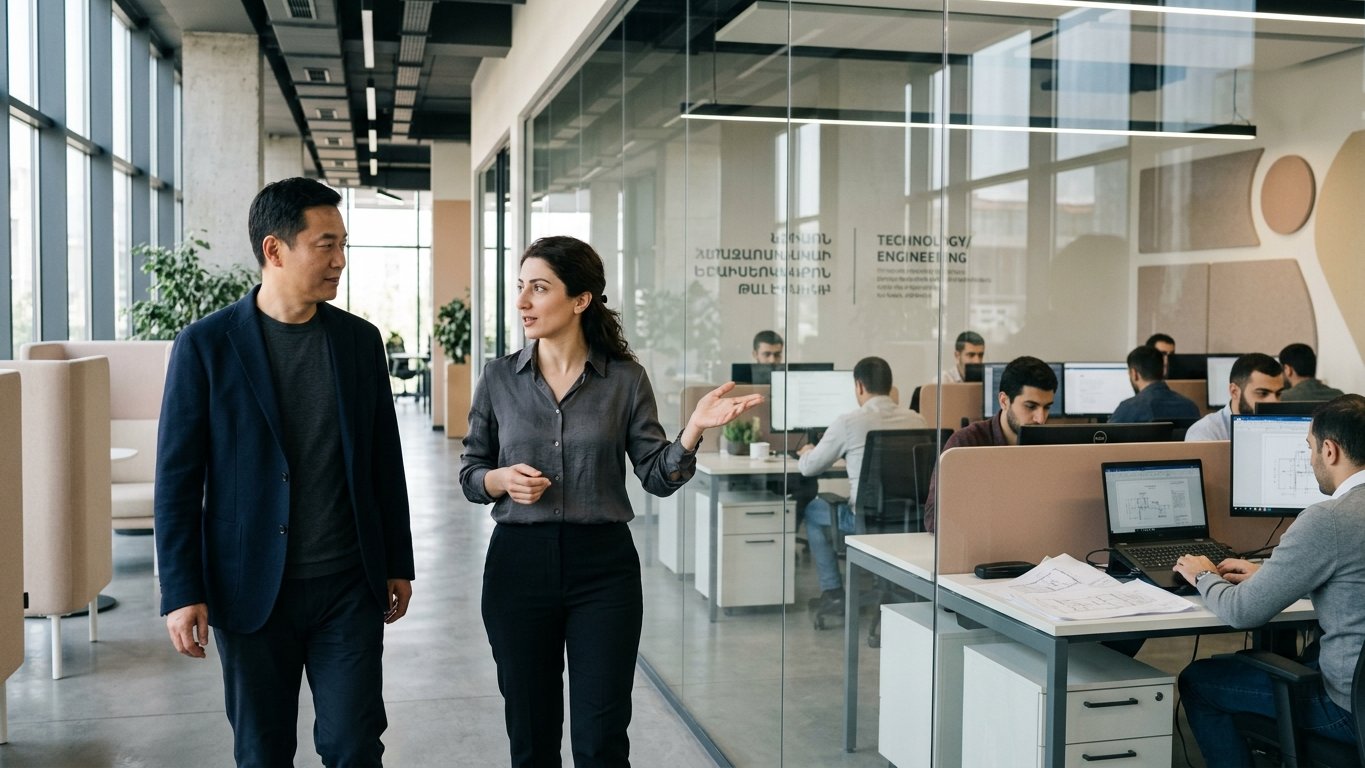 Chinese tech executive touring a modern Yerevan engineering office with his Armenian host, glass-walled engineering bay visible behind.