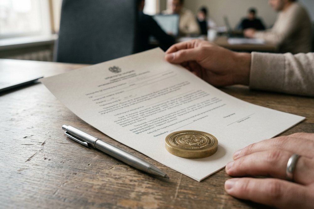 Printed Armenian company charter document with a brass corporate seal impressed on the signature page.