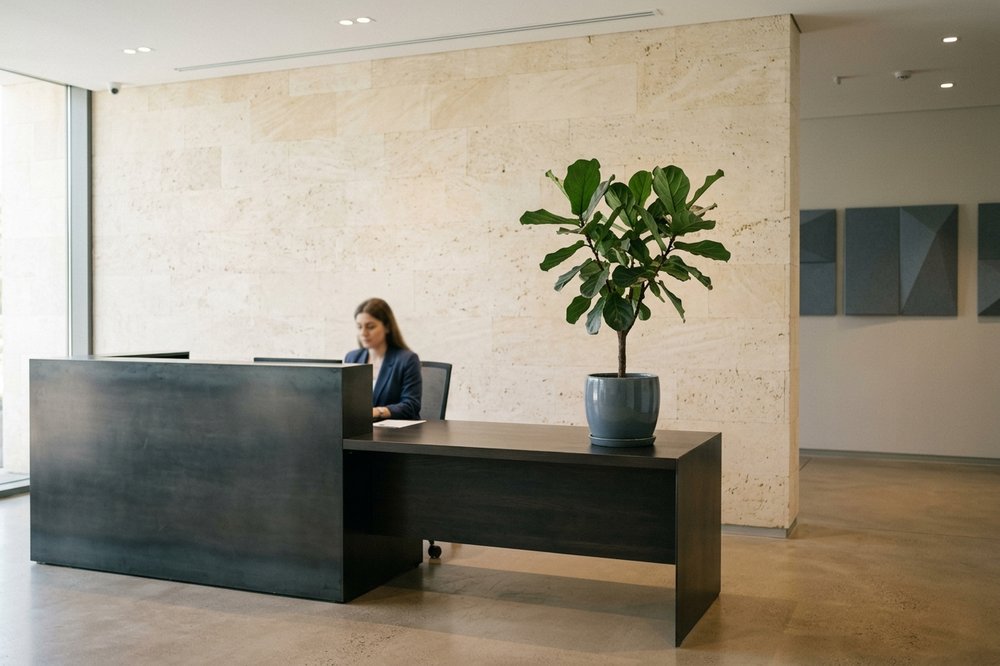 Clean modern corporate office reception area in central Yerevan with cream-stone wall and charcoal-metal reception desk.