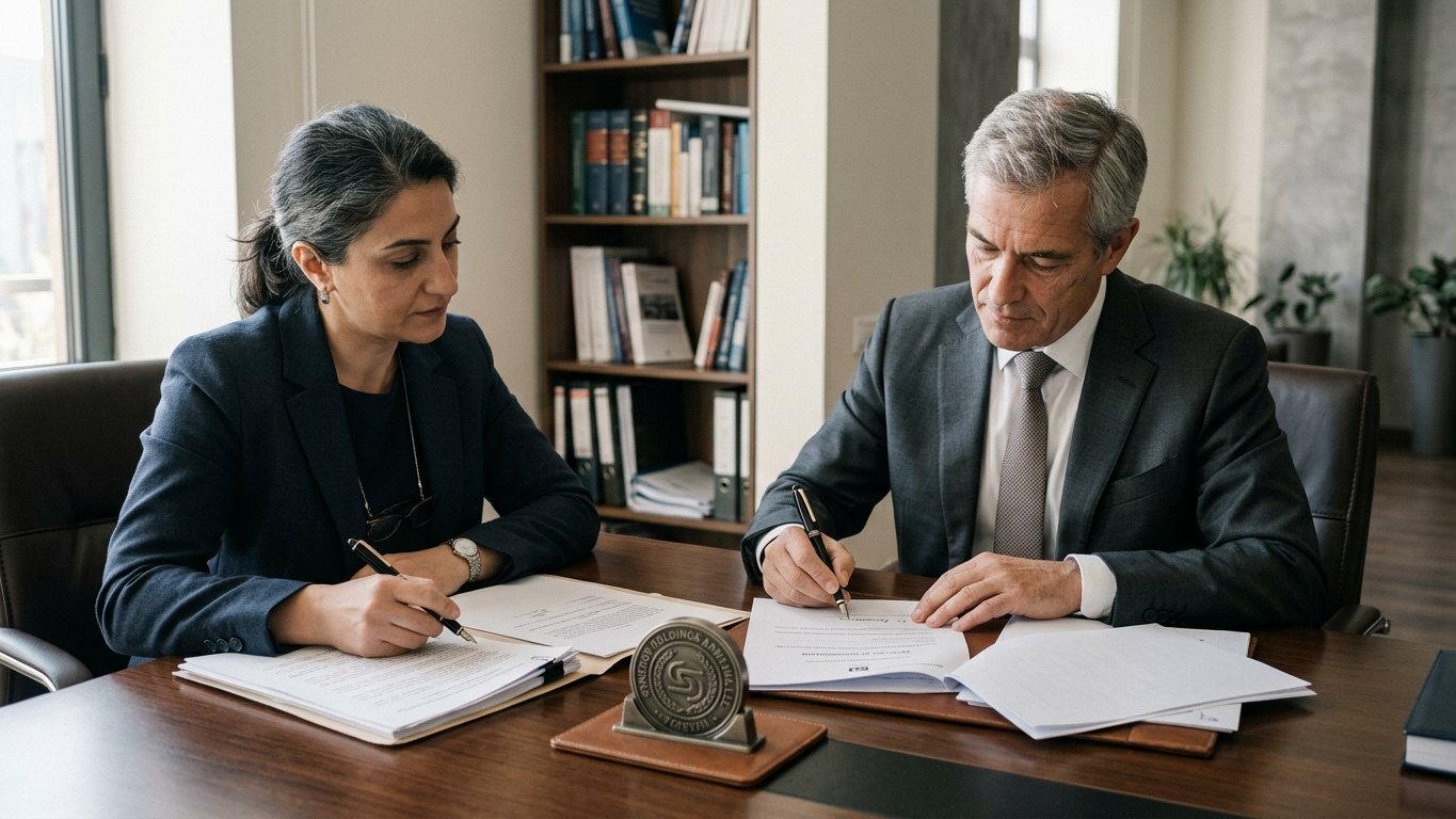 Corporate lawyer and foreign-company client signing entity formation documents at a polished wooden desk in a Yerevan law firm office.