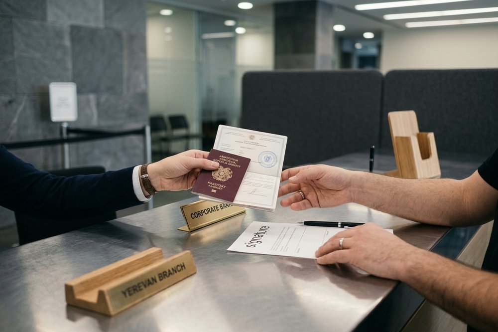 在现代埃里温银行柜台交换文件——护照、公司注册、签名卡。