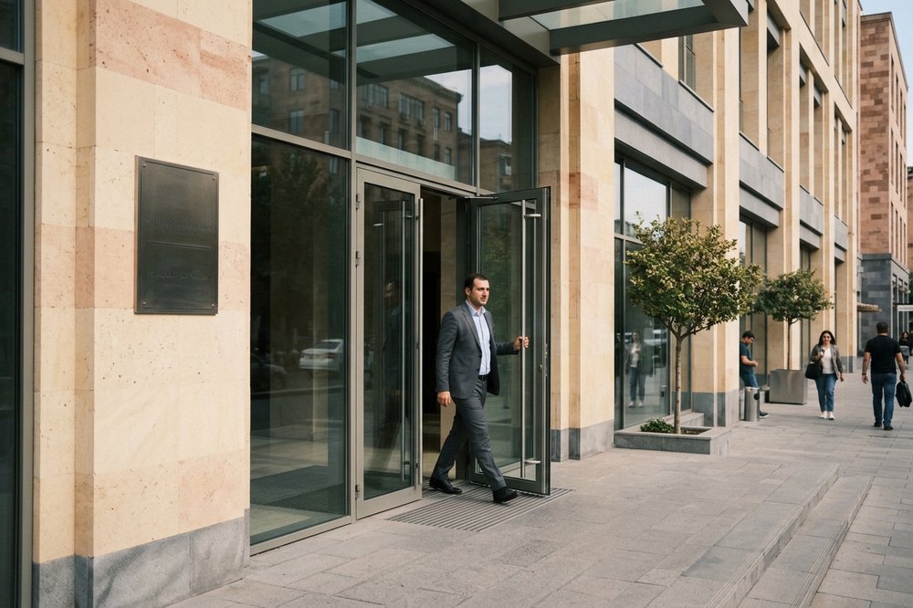 Modern Yerevan office building entrance at midday with cream-stone facade, clean glass doors, and a tasteful nameplate.