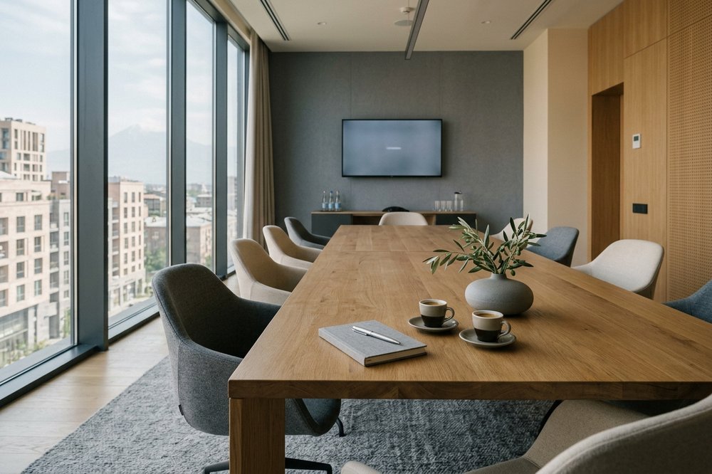 Calm modern Yerevan meeting room prepared for a consultation, long wooden table with a notebook, a steel pen, two fresh espressos, and a low ceramic vase.