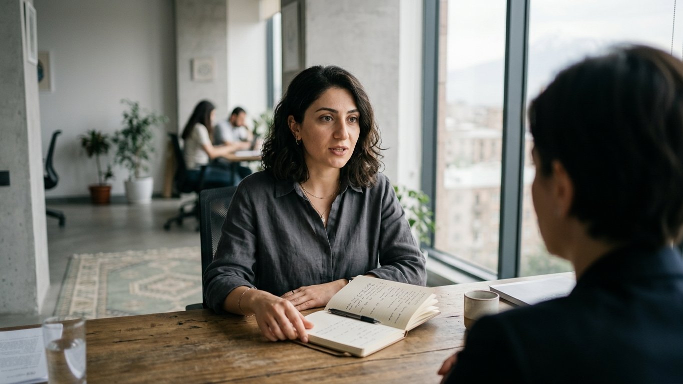 Account manager mid-consultation at a wooden desk in a modern Yerevan office, speaking with a focused expression, notebook and pen in front of her.
