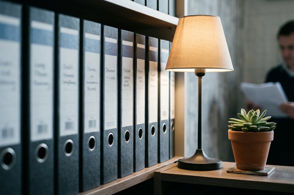 Shelf of slate-grey compliance binders neatly labelled beside a reading lamp and a small succulent in soft side light.