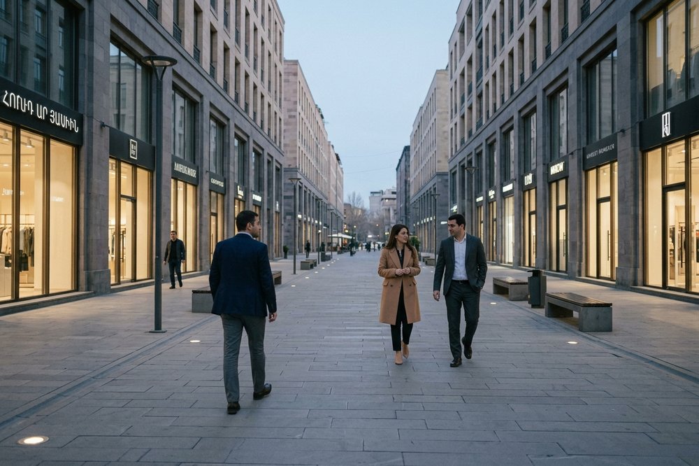 Northern Avenue in Yerevan at twilight with modern flagship storefronts, clean paving, and a few professionally dressed pedestrians.