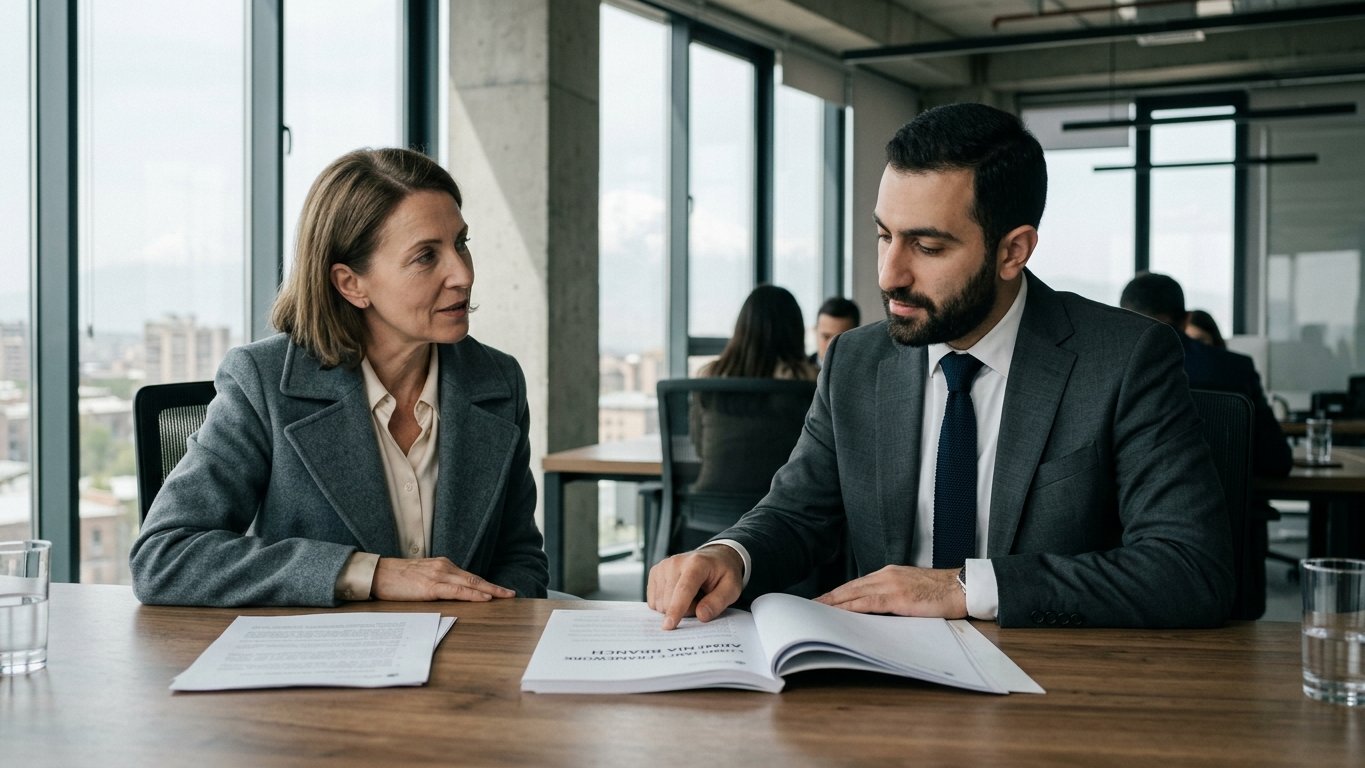 European executive being briefed by Armenian counsel in a modern Yerevan office, both seated at a long wooden table with a printed compliance document.