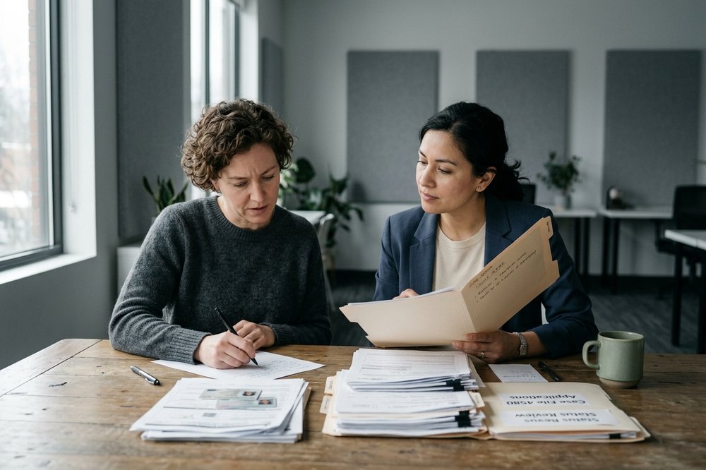 Two professionals reviewing immigration documentation at a quiet office table with neatly stacked papers.