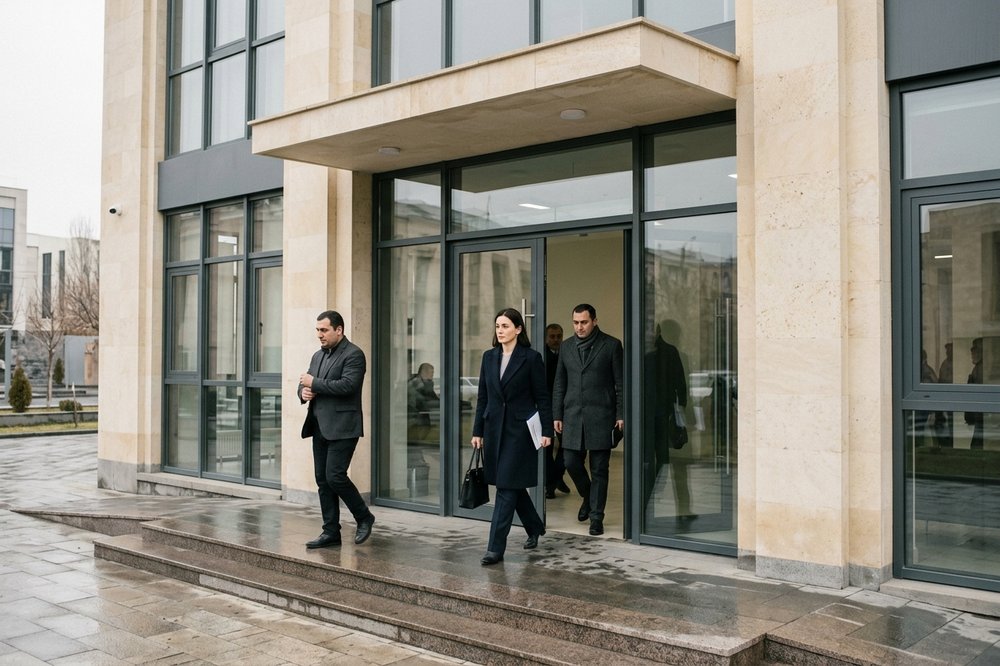 Modern government services building exterior in Yerevan with cream limestone facade and glass entrance doors.