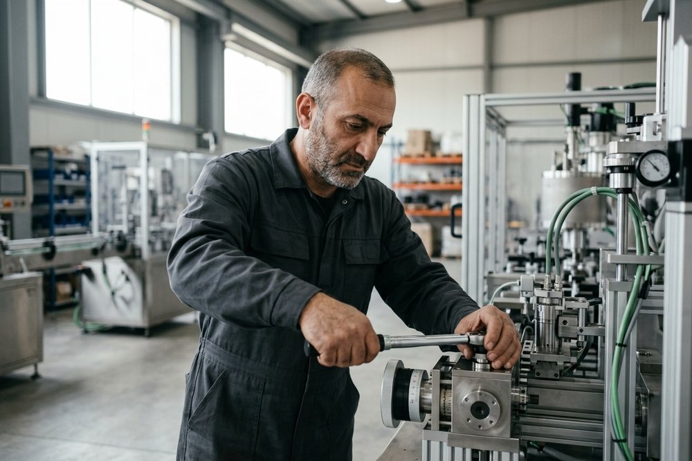 Industrial equipment installer in dark coveralls adjusting precision machinery in a clean Yerevan facility.