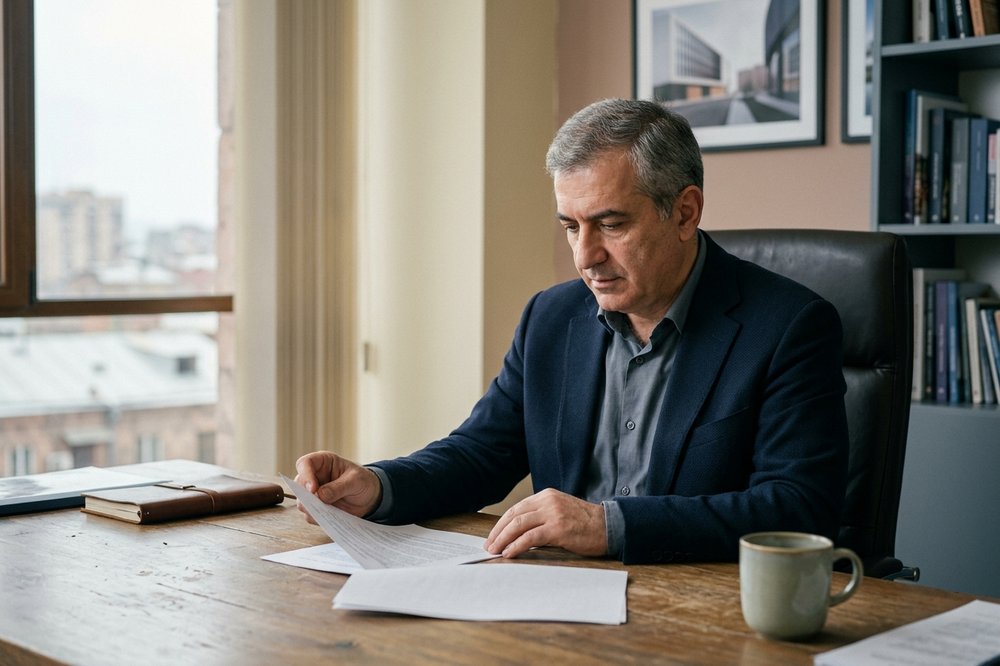 C-suite executive at a wooden desk in a tasteful Yerevan office reviewing a document, navy blazer.