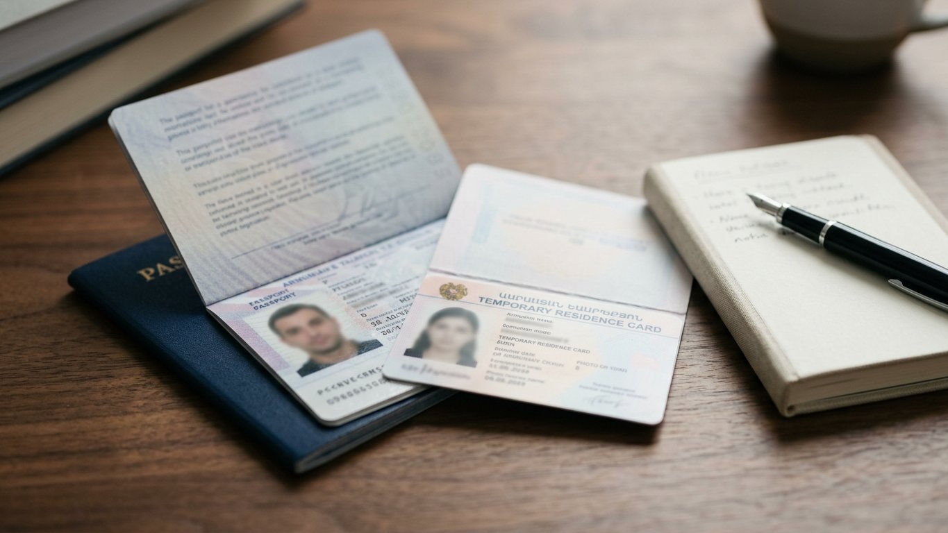 Navy passport and an Armenian Temporary Residence Card on a warm walnut desk beside a notebook and fountain pen.