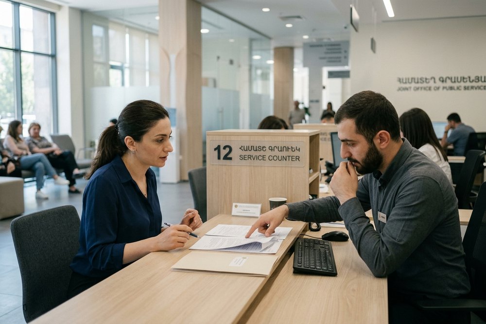 Client and account manager at a service counter inside the Joint Office of Public Services in Yerevan.