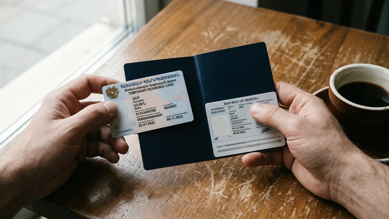 Macro shot of hands holding an Armenian Temporary Residence Card alongside an open navy passport over a warm wooden cafe table.