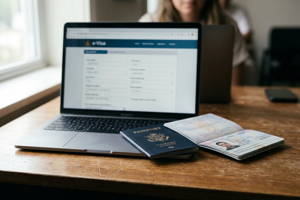 Laptop displaying a generic e-visa web application form beside an open passport on a wooden desk.