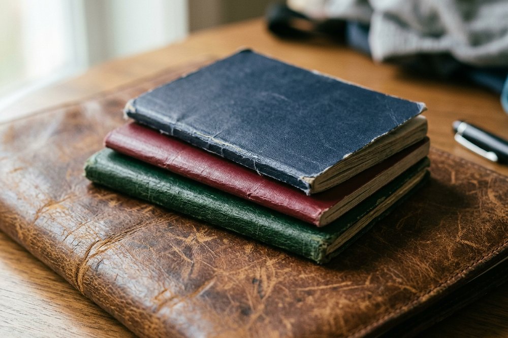 Stack of three passports of different colors on a worn leather portfolio in soft side light.