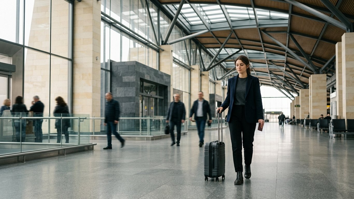 Zvartnots International Airport arrivals hall in Yerevan with a traveler walking toward camera with a small carry-on, soft natural light through tall glass windows.