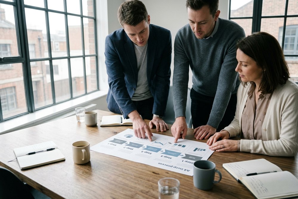 Two account managers walking a client through a printed five-step process diagram on a wooden conference table.