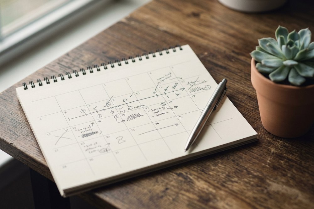 Desk calendar with a timeline annotated in pencil, a steel pen across the page, and a small succulent.