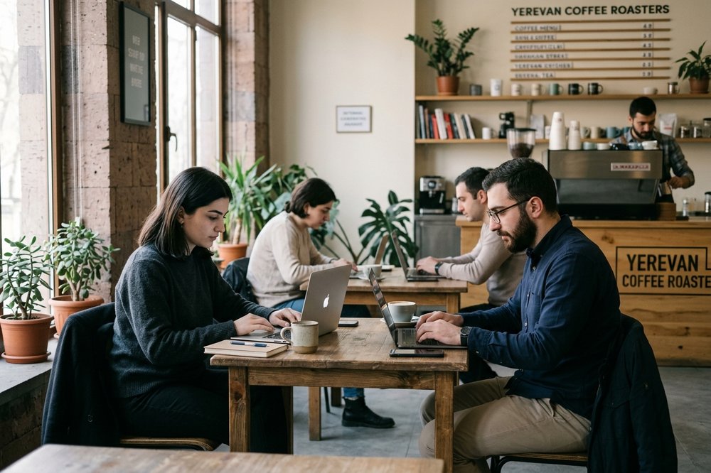 Coworking space common area in Yerevan with small wooden tables, a few people at laptops, and an espresso machine in the background.