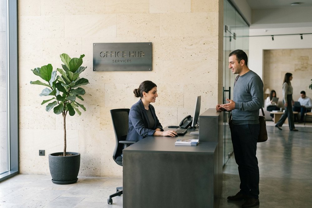 Finished serviced office with a clean charcoal-metal reception desk, cream stone wall, brand-neutral nameplate, and a single tasteful plant.