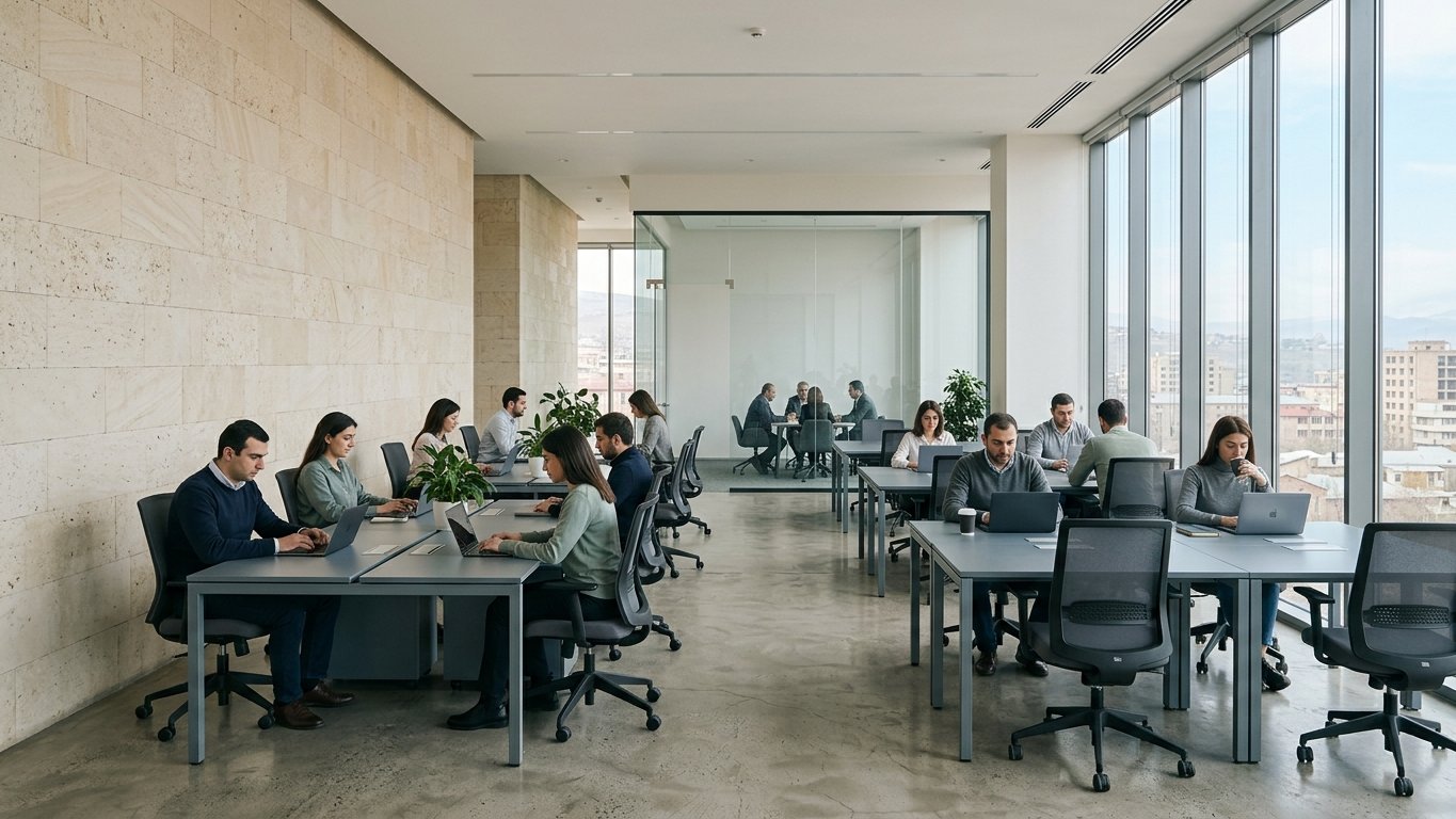 Bright modern open-plan office in central Yerevan at mid-morning with cream stone wall, polished concrete floor, and slate-grey workstations.