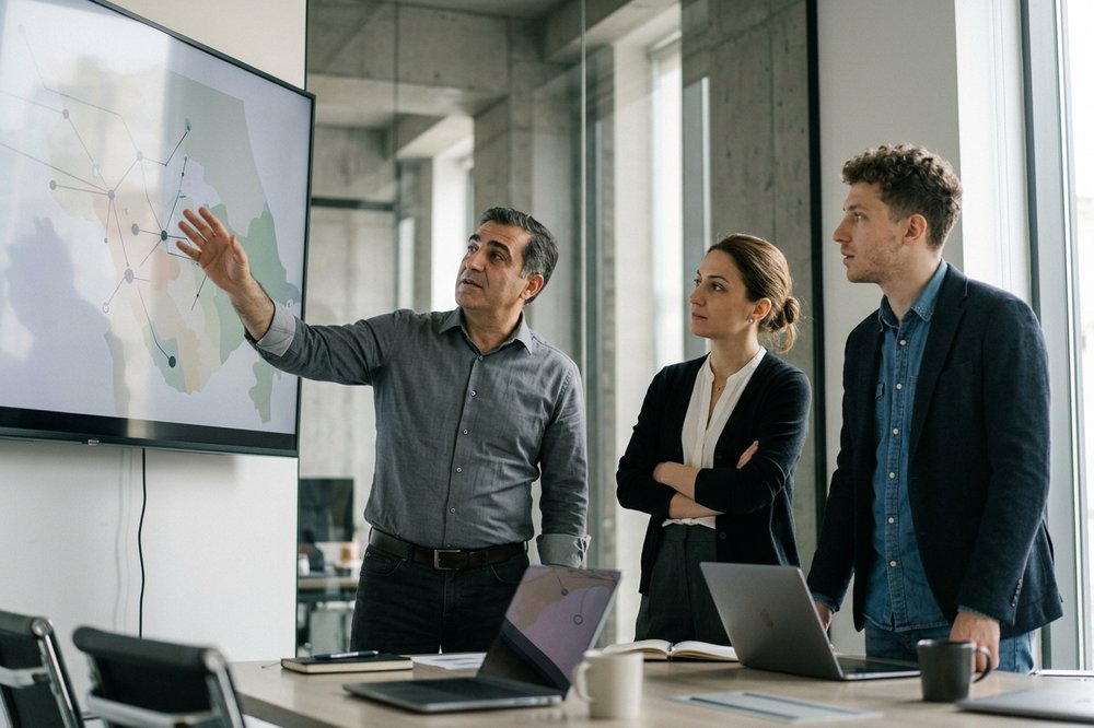 Regional supply-chain map being discussed on a wall-mounted screen in a Yerevan office with three professionals looking at it.