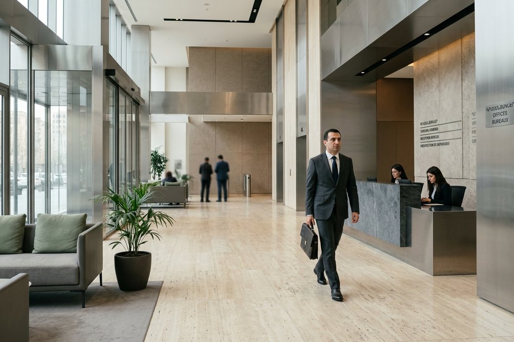Lobby of a modern Yerevan office building with multilingual subtle signage, brushed-steel and cream stone palette, and a single executive walking through.