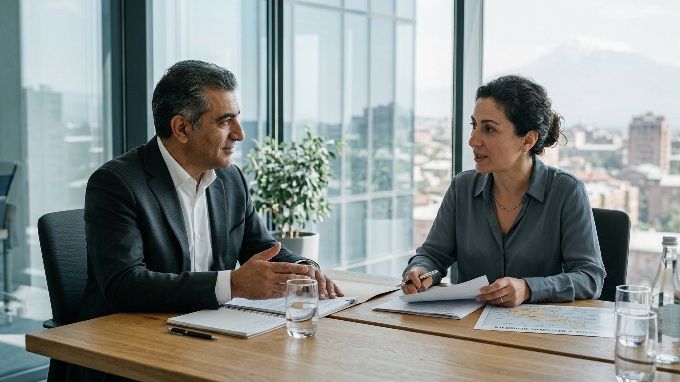 Regional operations director meeting with Armenian counsel at a long wooden boardroom table in a modern Yerevan office, printed regional map subtly visible.