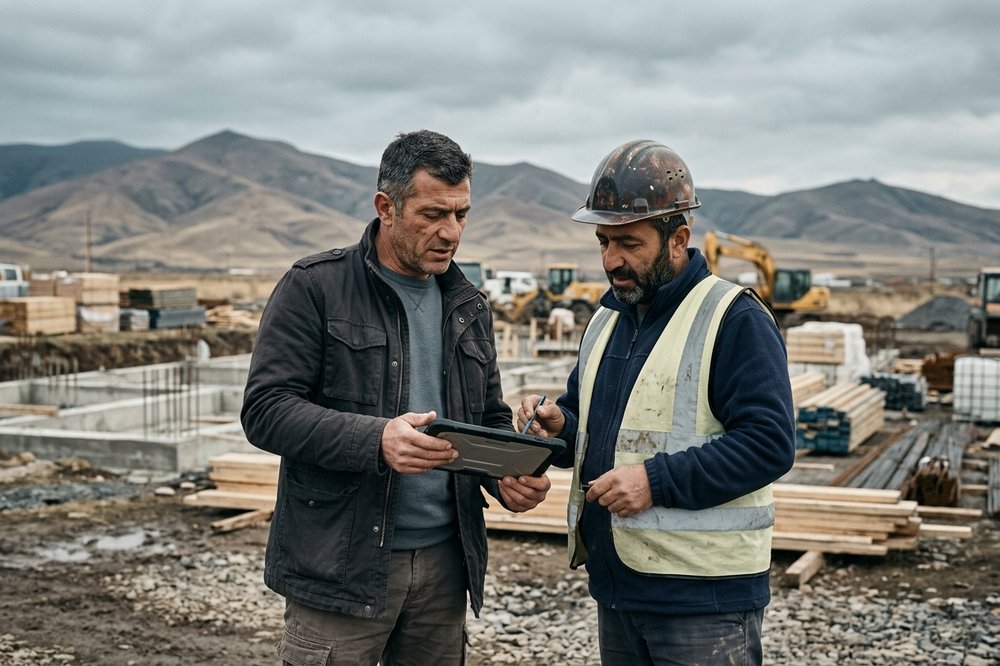 Project manager in a charcoal field jacket reviewing site plans on a tablet with a foreman on a planned construction site outside Gyumri.