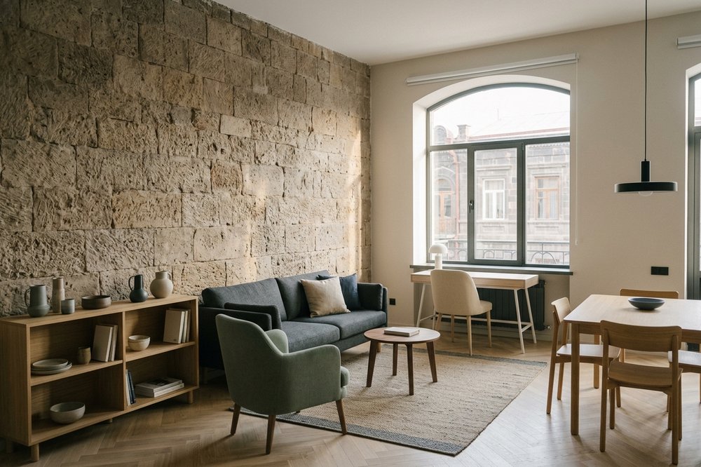 Renovated boutique apartment interior inside a 19th-century Gyumri stone building, exposed stone wall and modern Scandinavian furniture.