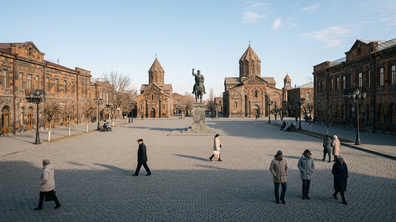 Vardanants Square in Gyumri, Armenia on a clear late-winter afternoon with historic 19th-century stone facades and the central monument.