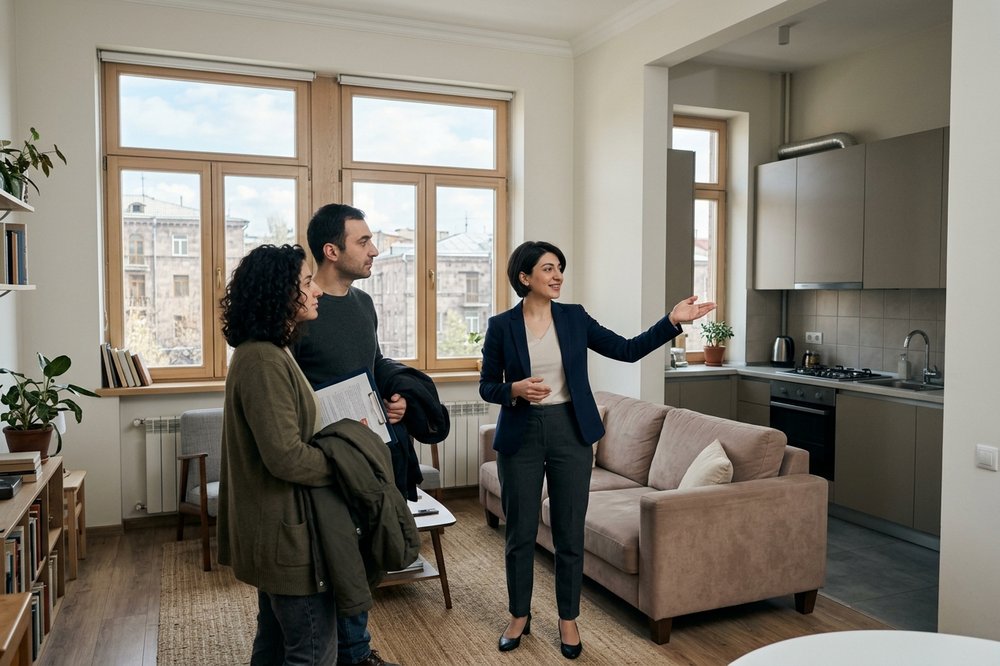 Real estate agent showing a relocated couple a one-bedroom apartment in central Yerevan with afternoon light.