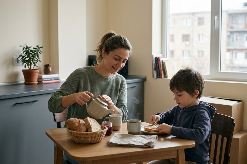 Relocated employee and her seven-year-old child seated at a small wooden breakfast table in their new Yerevan kitchen.
