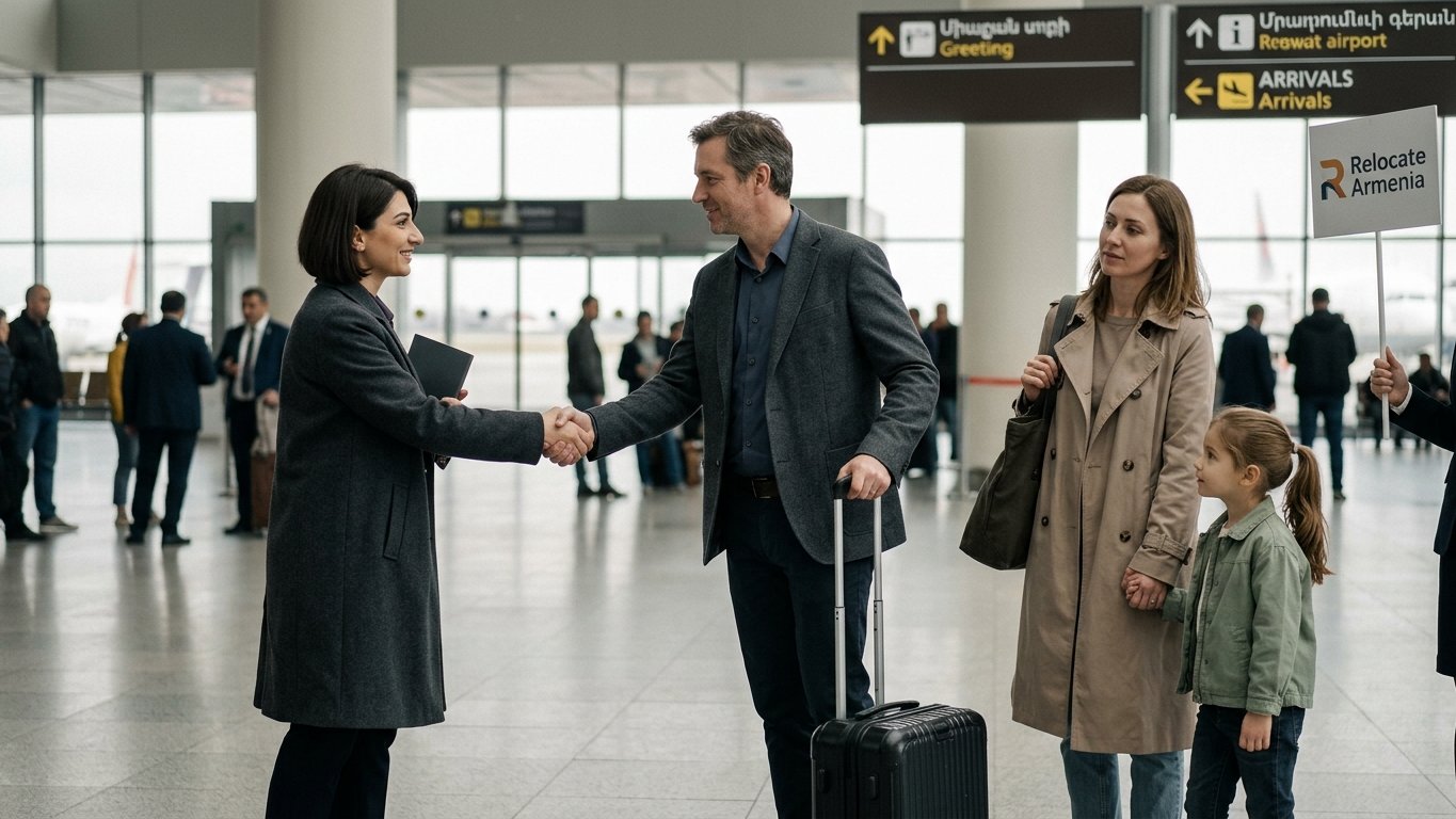Relocate Armenia account manager greeting an arriving family at Zvartnots International Airport arrivals, warm but professional handshake.