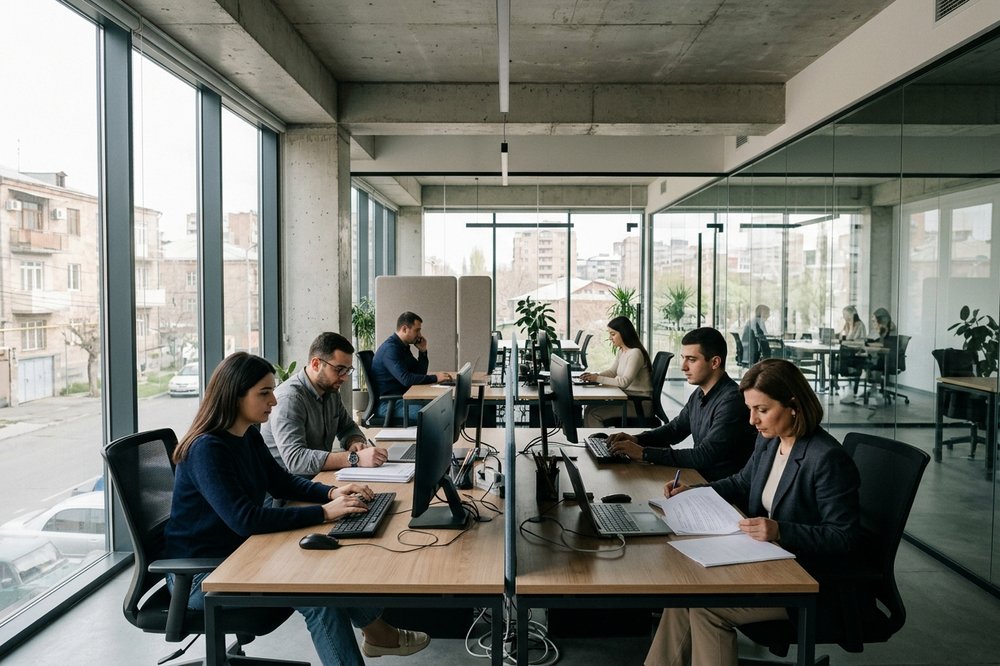 Open-plan finance department in a modern Yerevan accounting firm with six professionals at clean workstations.