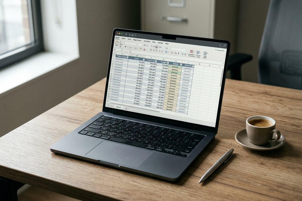 Laptop displaying a clean spreadsheet beside a brushed-steel pen and espresso cup on a wooden desk.