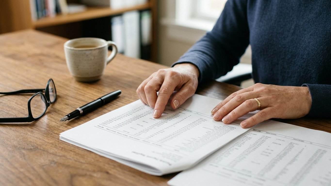 Close-up of a financial controller's hands reviewing a printed monthly payroll register on a warm walnut desk with a fountain pen and coffee cup.