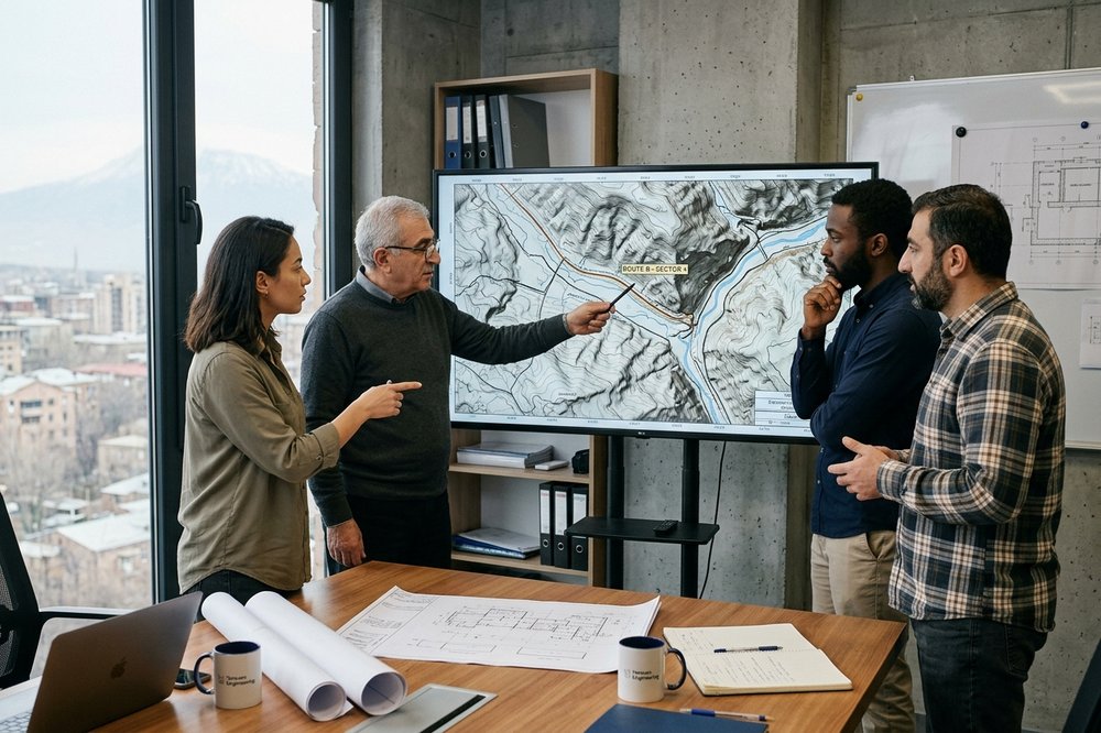 Four engineers gathered around a digital topographic map on a wall-mounted screen in a modern Yerevan office.