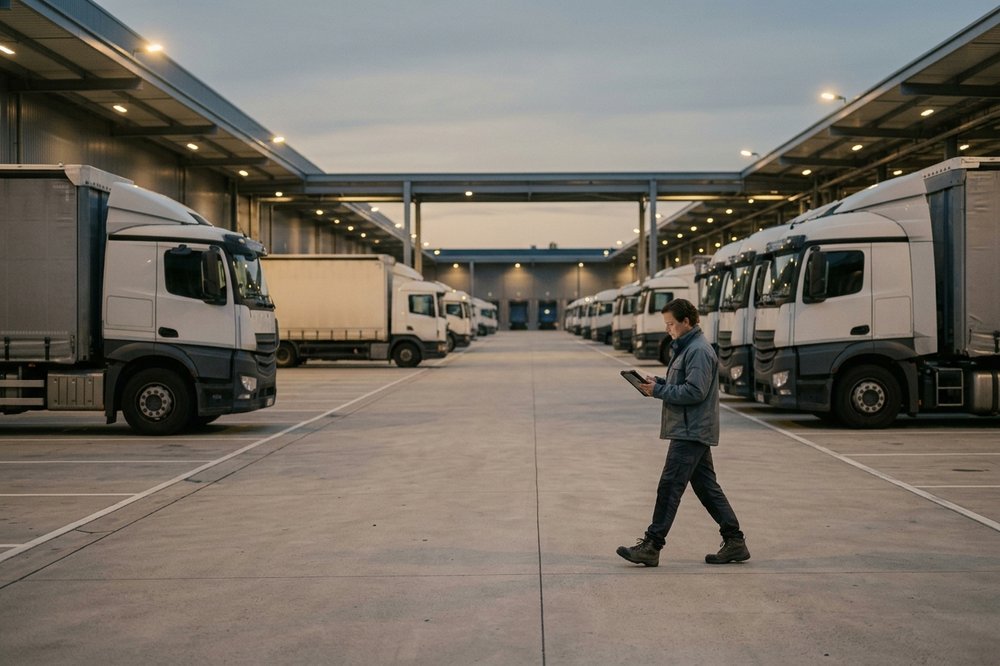 Modern logistics depot at sunset with parked freight trucks, a logistics manager walking between them holding a tablet.