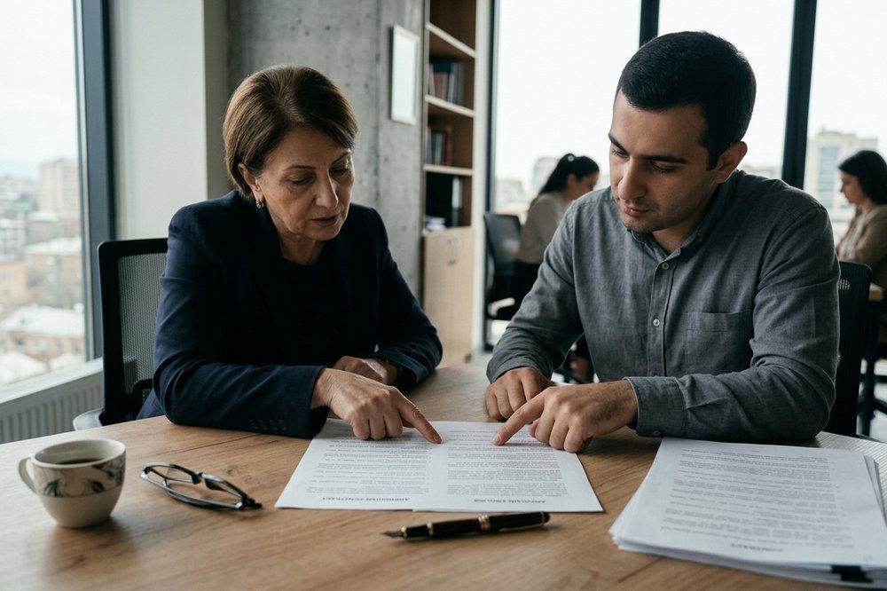 Multilingual document review in a modern Yerevan office with hands pointing at a printed bilingual contract, reading glasses, and a fountain pen.