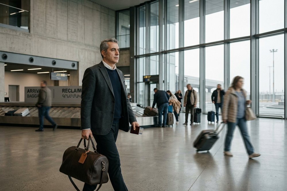Turkish business traveler walking through Zvartnots International Airport arrivals with a small leather duffel and daylight through tall glass windows.