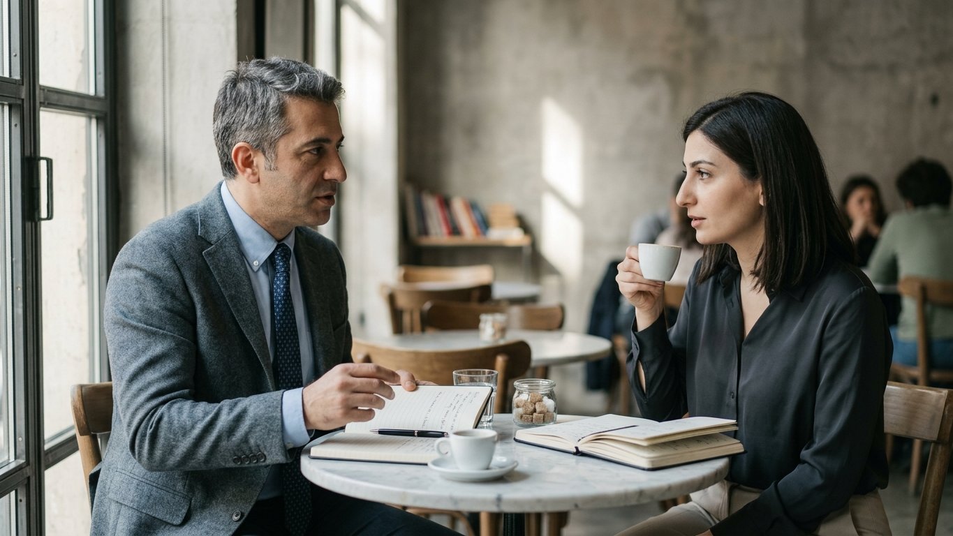 Two business professionals — a Turkish executive and an Armenian counsel — at a small marble table in a tasteful Yerevan cafe mid working conversation over espresso.
