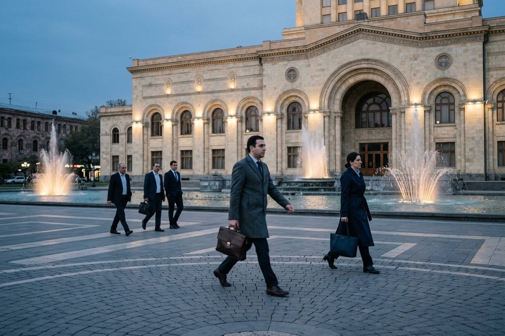 Republic Square in Yerevan at early evening with the Government House facade and fountains, blue-hour light.