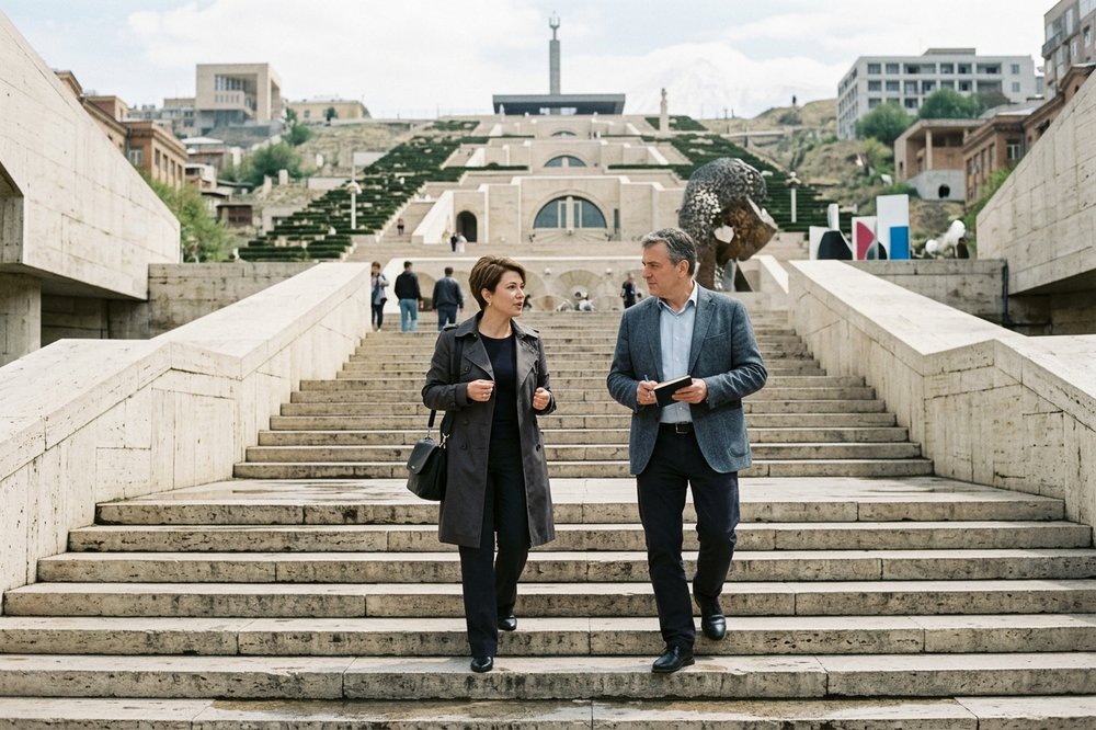 Two foreign executives walking down the Cascade Complex steps in Yerevan at midday in business-casual attire.