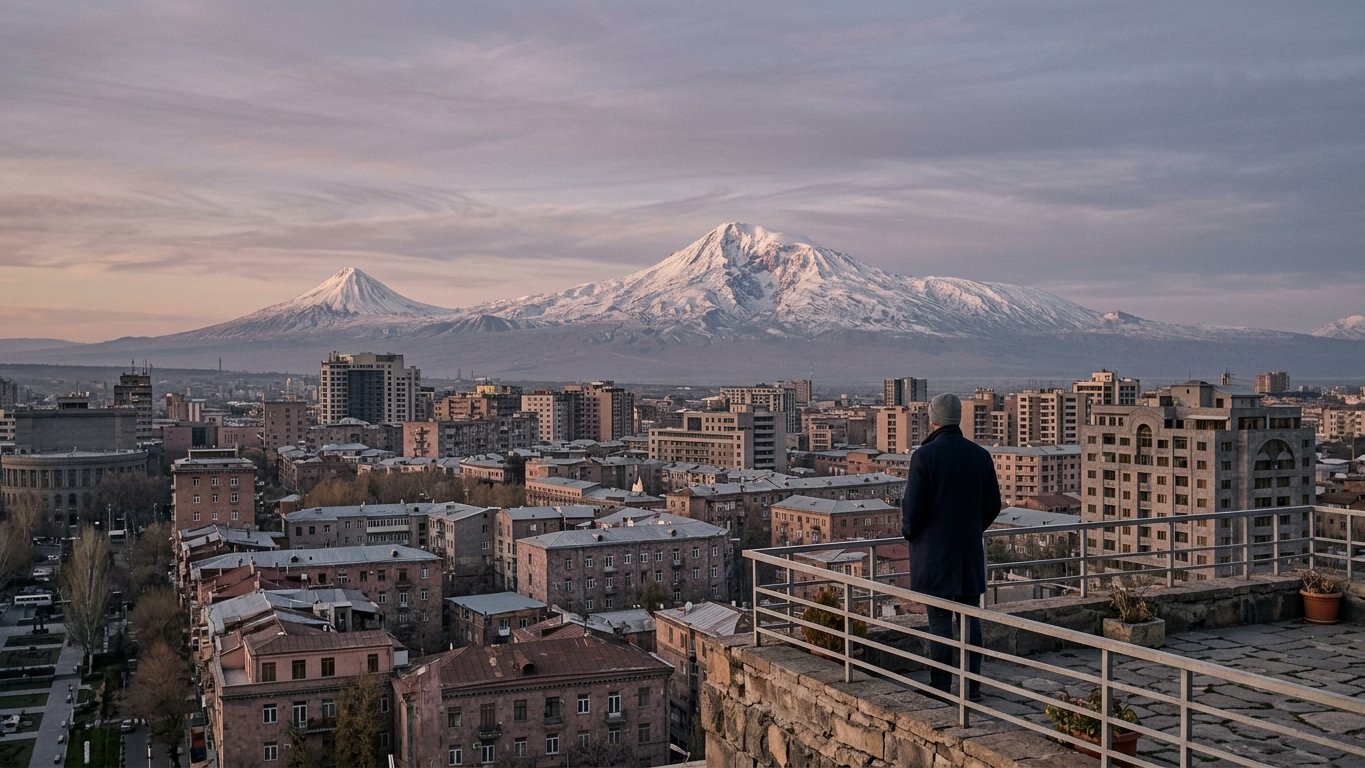 Panoramic view from a Yerevan hillside at golden hour looking across the city to the snow-capped twin peaks of Mt Ararat in the distance.